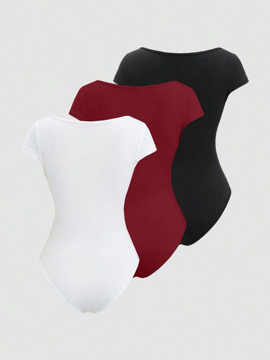 Conjunto 3 Bodysuits Femininos Mozzena Multicolor Decote Coração Manga Curta Slim Fit