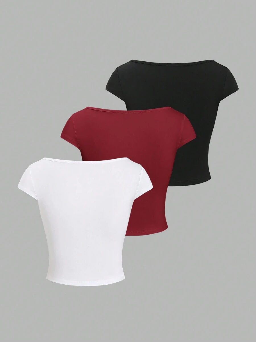 Conjunto 3 Camisetas Femininas Mozzena Multicolor Manga Curta Decote Coração Slim Fit