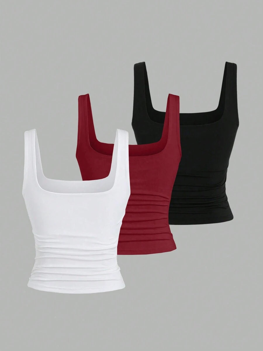 Conjunto 3 Tops Femininos Mozzena Multicolor Decote Quadrado Alças Grossas Slim Fit