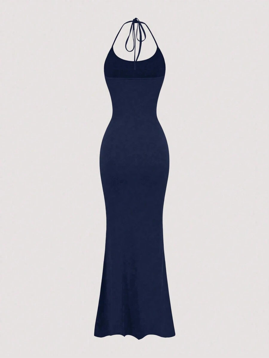 Vestido Longo Feminino Mozzena Azul Royal Gola Alta Sem Mangas Bainha Sereia Slim Fit