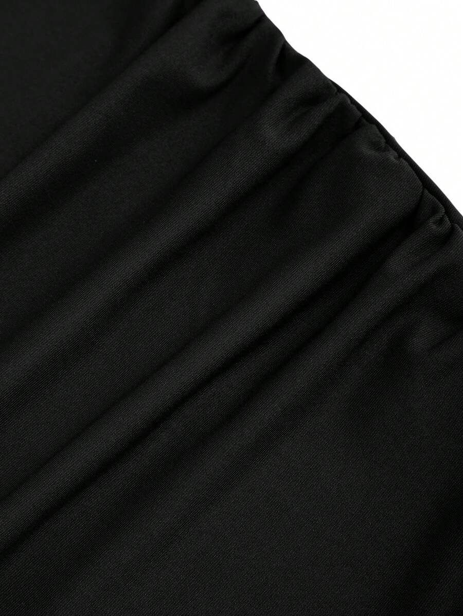 Vestido Longo Feminino Mozzena Preto Decote Quadrado Sem Mangas Cintura Franzida Slim Fit