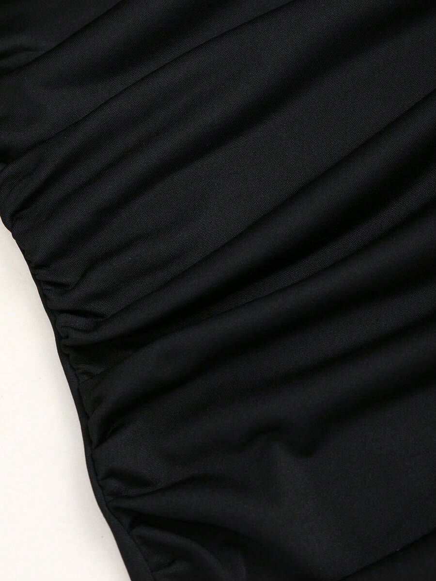 Vestido Longo Feminino Mozzena Preto Gola Drapeada Frente Única Bainha Sereia Slim Fit