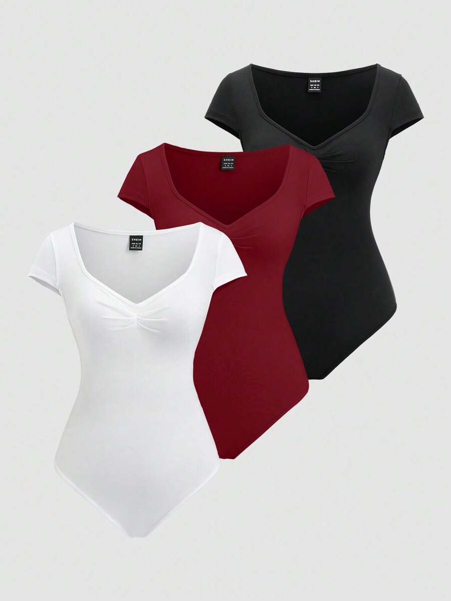 Conjunto 3 Bodysuits Femininos Mozzena Multicolor Decote Coração Manga Curta Slim Fit