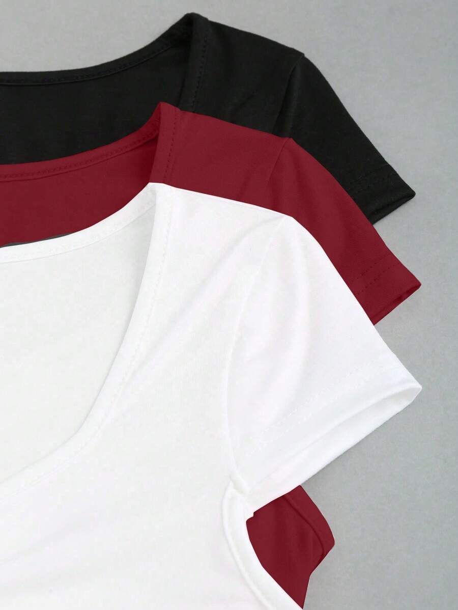 Conjunto 3 Bodysuits Femininos Mozzena Multicolor Decote Coração Manga Curta Slim Fit