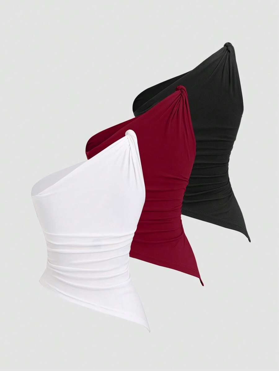 Conjunto 3 Cropped Tops Femininos Mozzena Assimétricos Multicolor Slim Fit