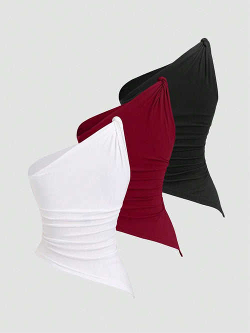 Conjunto 3 Cropped Tops Femininos Mozzena Assimétricos Multicolor Slim Fit