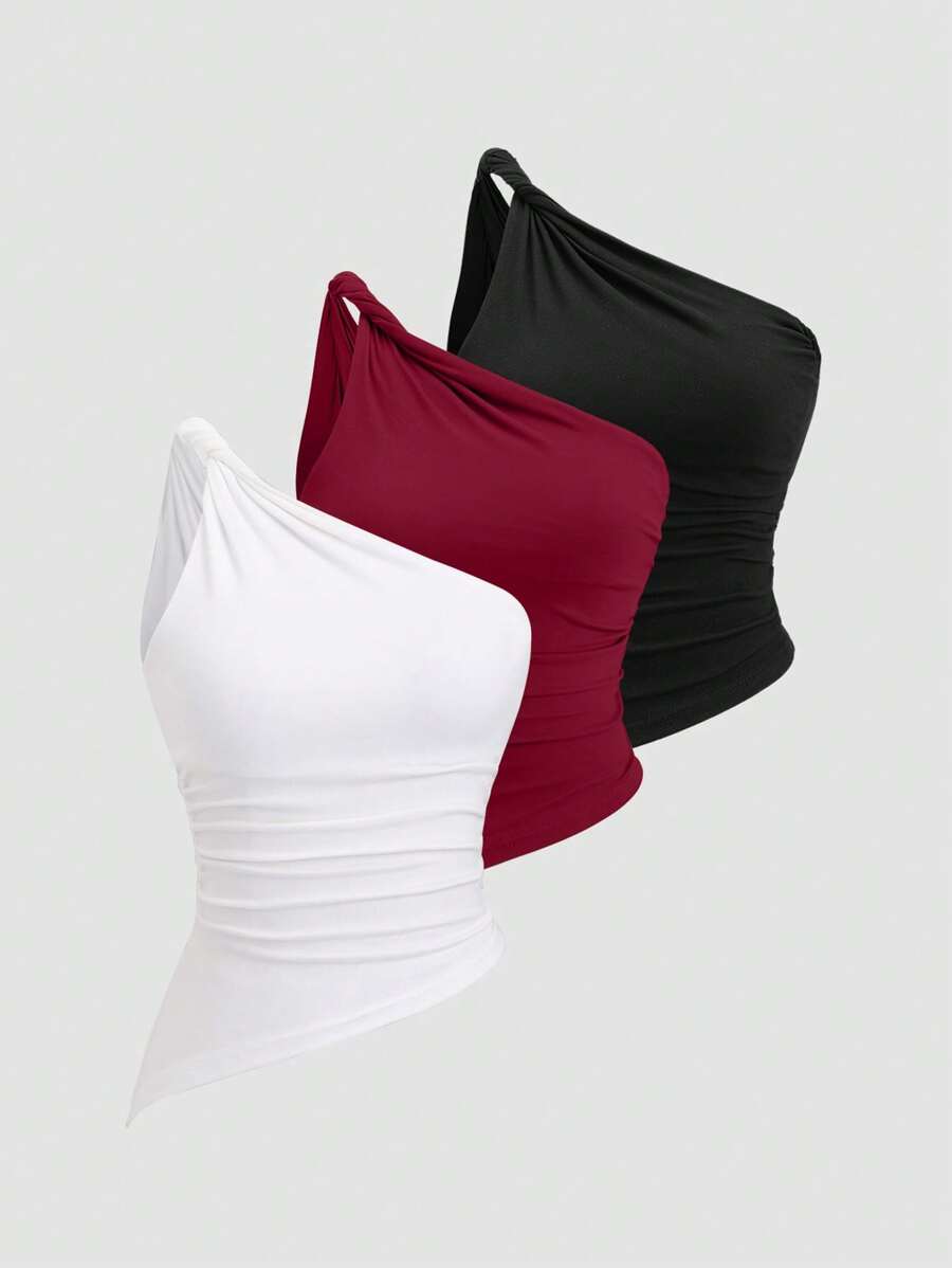 Conjunto 3 Cropped Tops Femininos Mozzena Assimétricos Multicolor Slim Fit