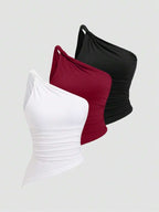 Conjunto 3 Cropped Tops Femininos Mozzena Assimétricos Multicolor Slim Fit