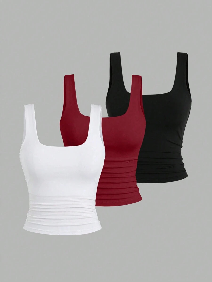 Conjunto 3 Tops Femininos Mozzena Multicolor Decote Quadrado Alças Grossas Slim Fit