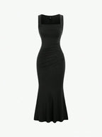 Vestido Longo Feminino Mozzena Preto Decote Quadrado Sem Mangas Cintura Franzida Slim Fit