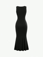 Vestido Longo Feminino Mozzena Preto Decote Quadrado Sem Mangas Cintura Franzida Slim Fit