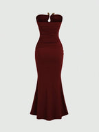 Vestido Longo Feminino Mozzena Vinho Sem Alças Plissado Bainha Sereia Slim Fit