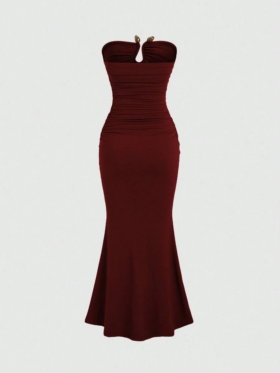 Vestido Longo Feminino Mozzena Vinho Sem Alças Plissado Bainha Sereia Slim Fit