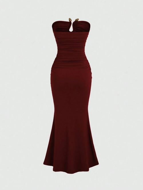 Vestido Longo Feminino Mozzena Vinho Sem Alças Plissado Bainha Sereia Slim Fit